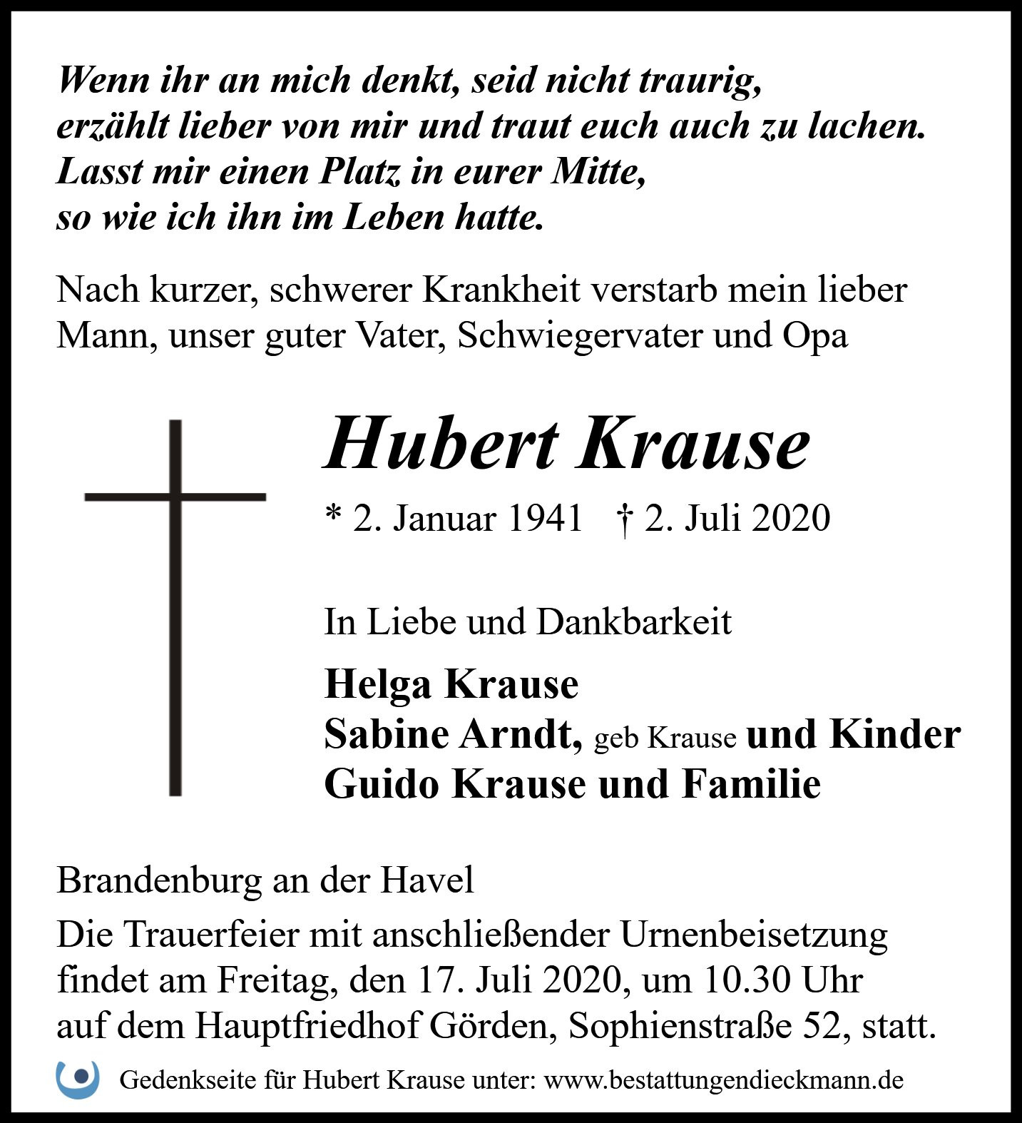 Traueranzeige von Hubert Krause