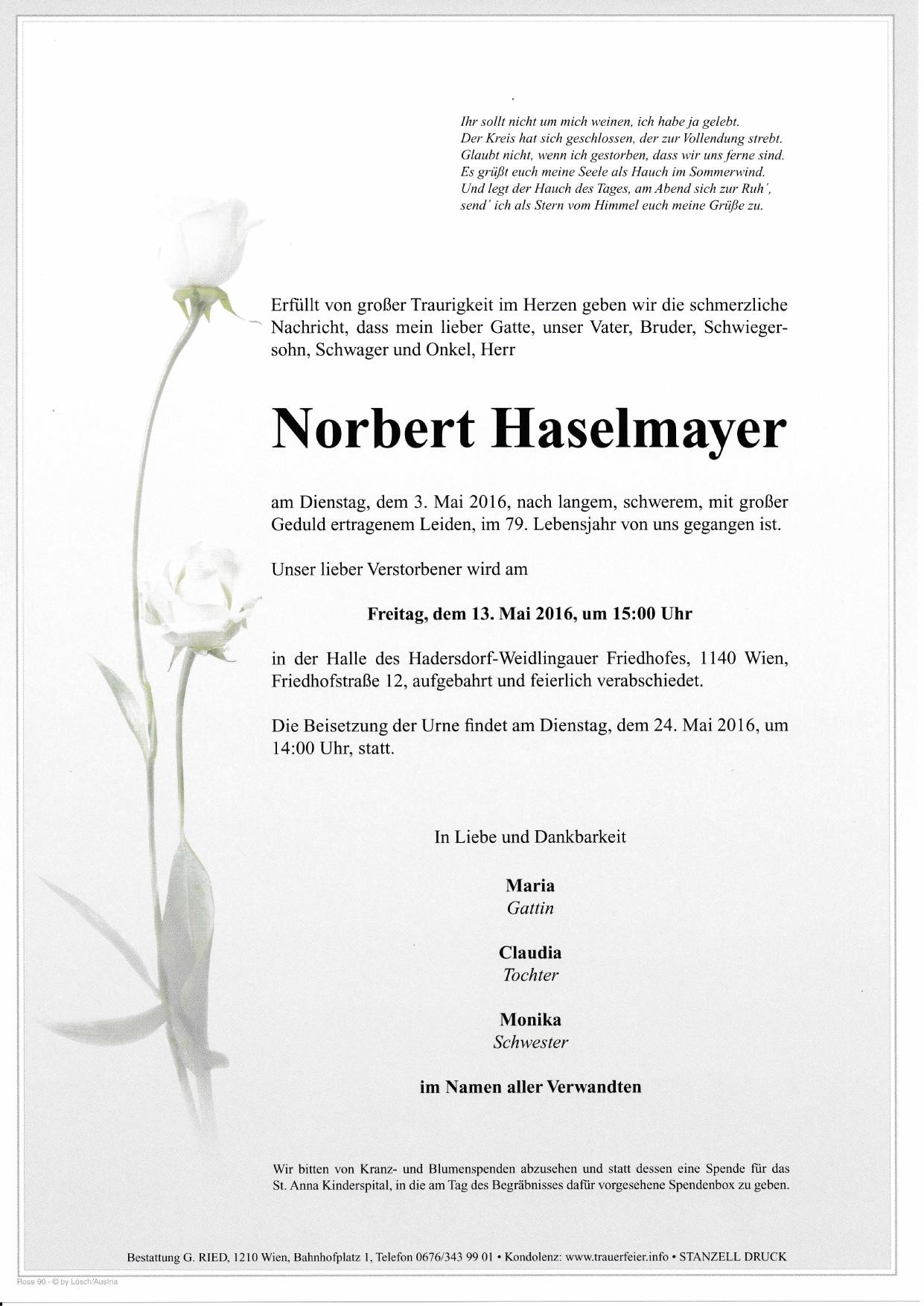 Traueranzeige von Norbert Haselmayer
