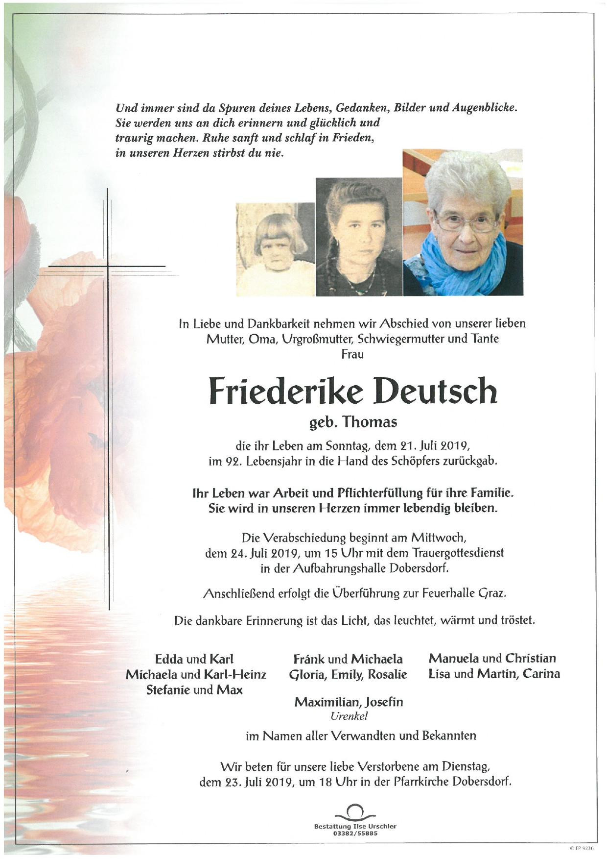 Traueranzeige von Friederike Deutsch