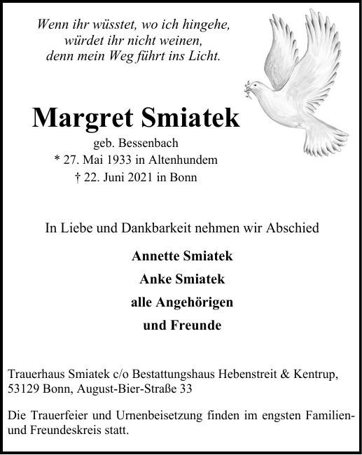 Traueranzeige von Margret Smiatek