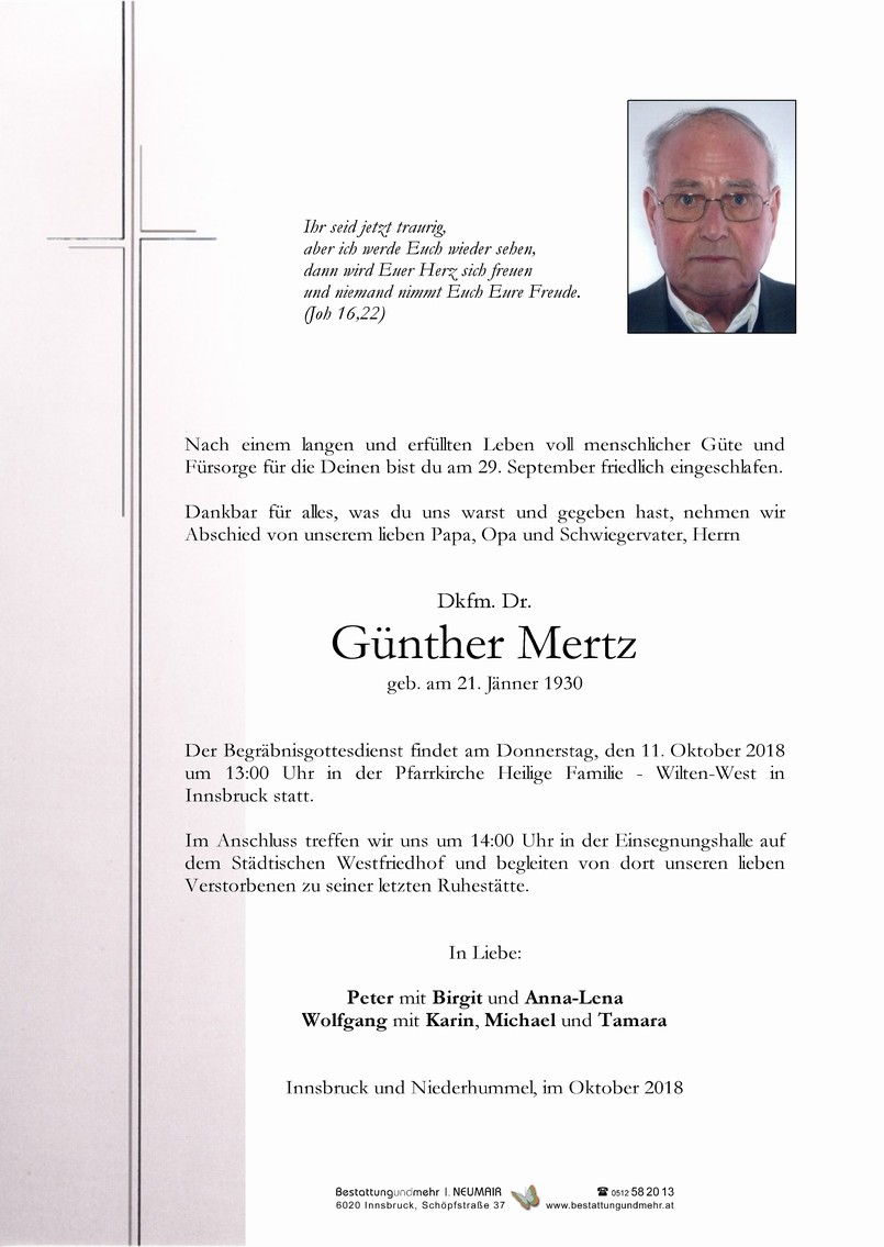 Traueranzeige von Dkfm. Dr. Günther Mertz