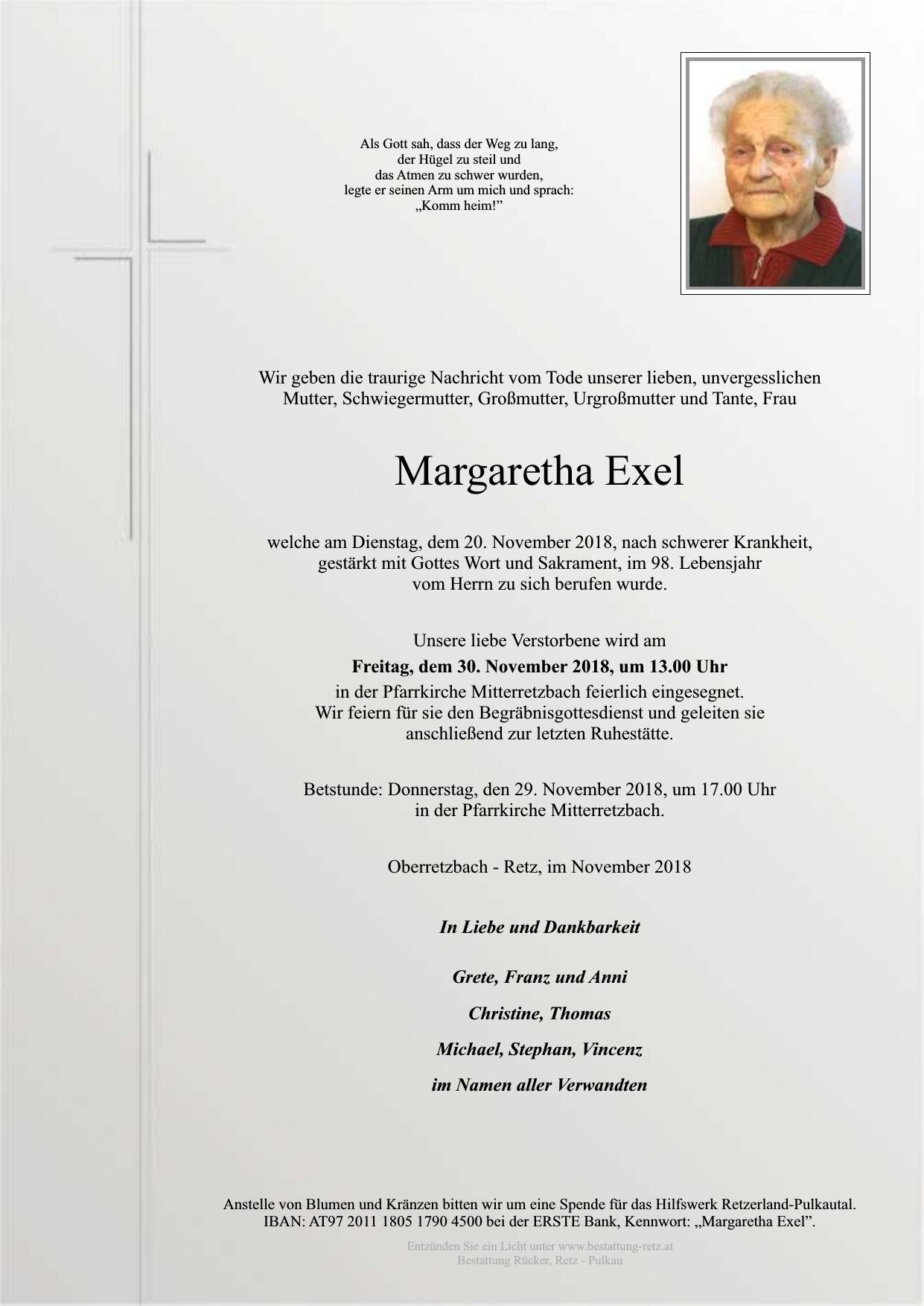 Traueranzeige von Margaretha Exel