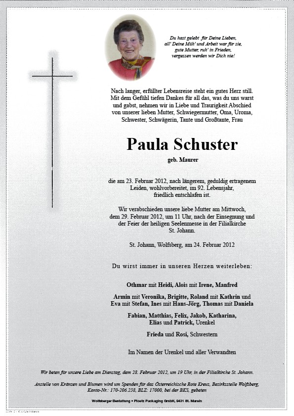 Traueranzeige von Paula Schuster
