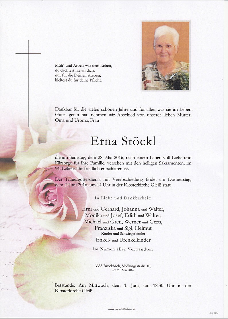 Traueranzeige von Erna Stöckl