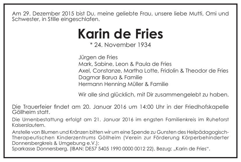 Traueranzeige von Karin Ingeborg Ilse de Fries