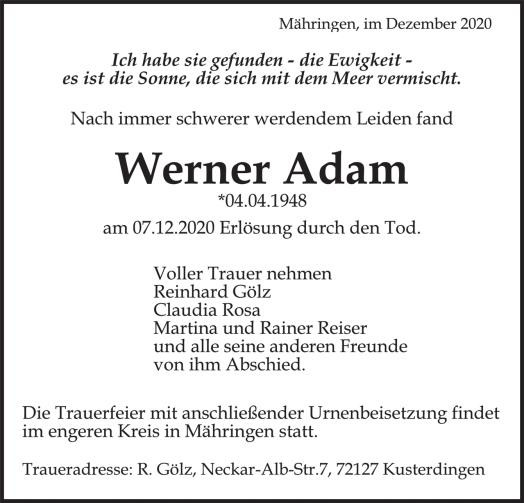 Traueranzeige von Werner Adam