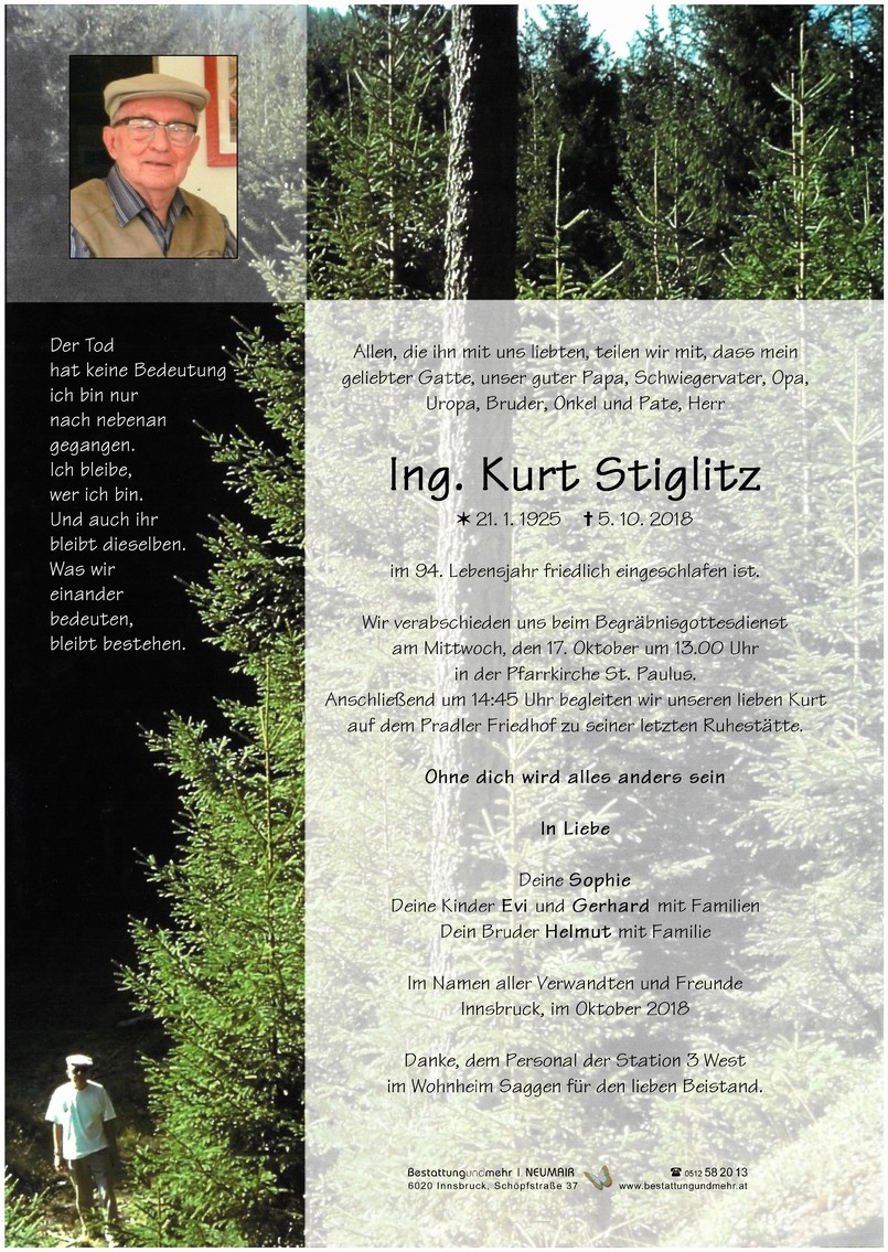 Traueranzeige von Ing. Kurt Stiglitz