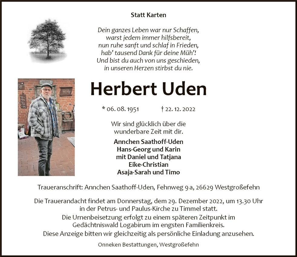Traueranzeige von Herbert Uden