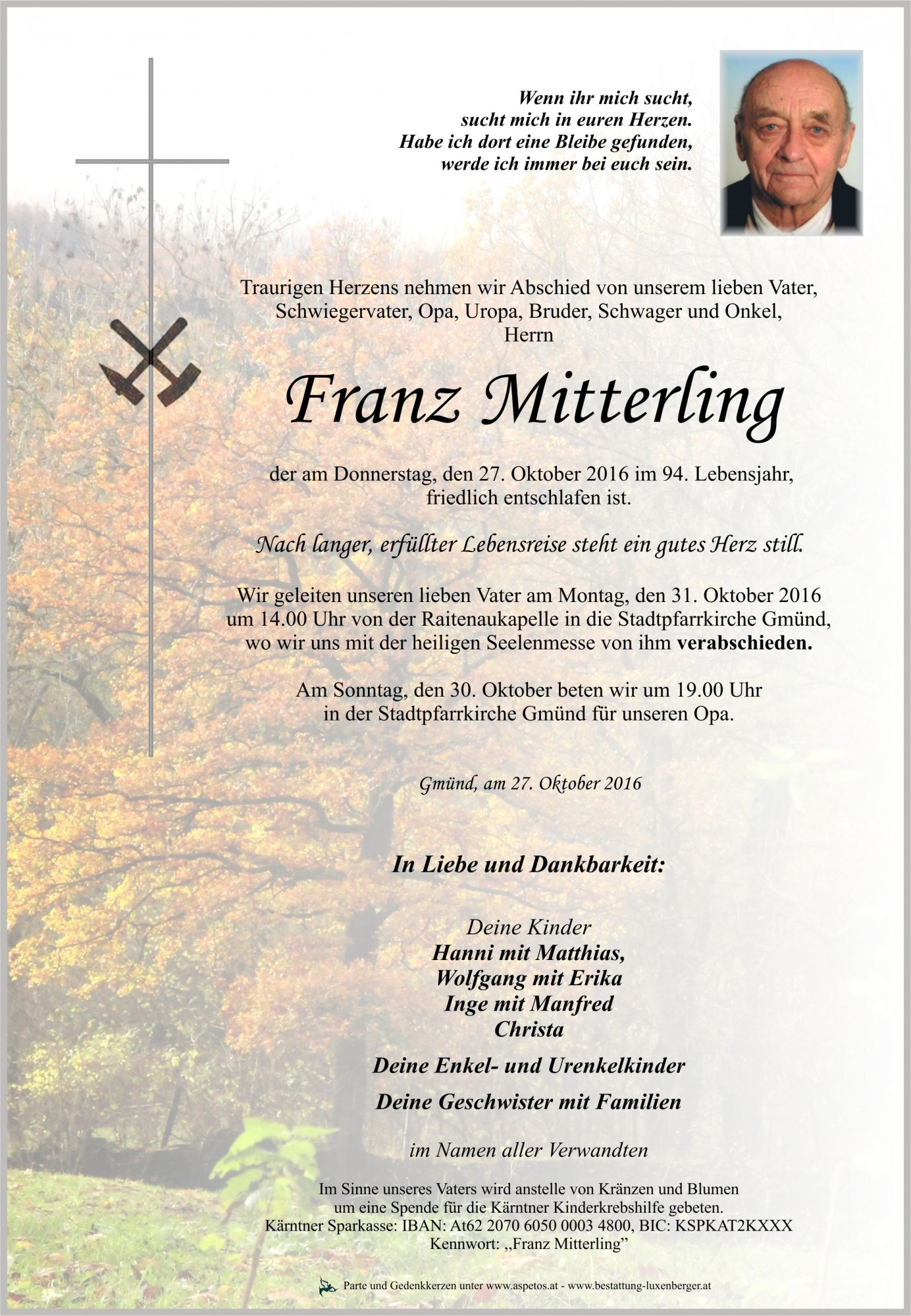 Traueranzeige von Franz Mitterling