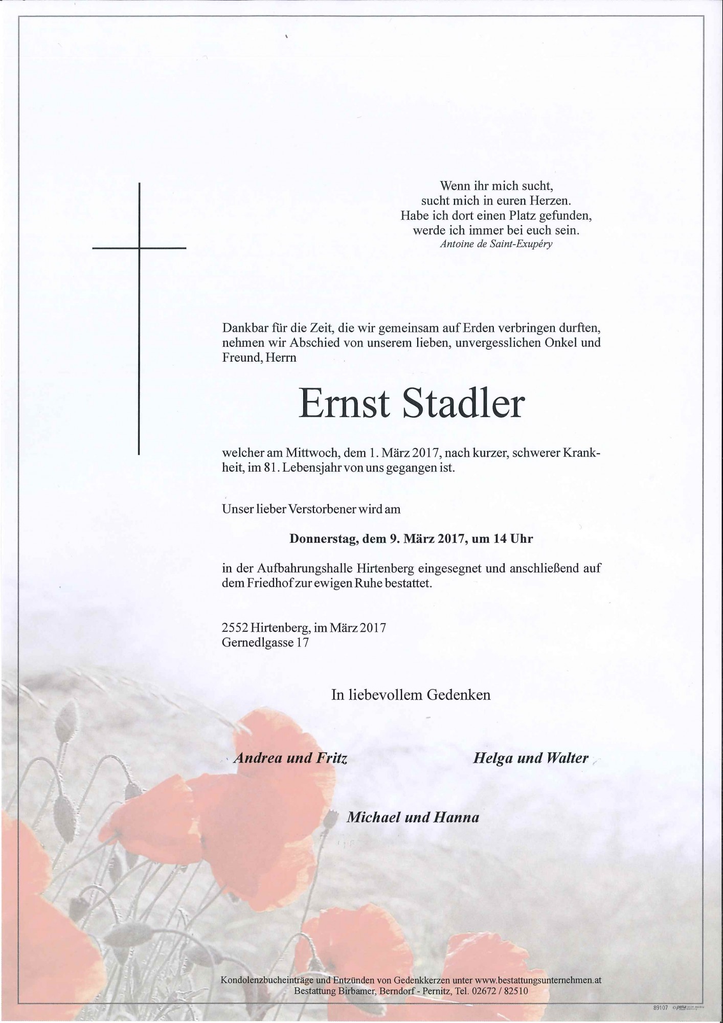 Traueranzeige von Ernst Stadler