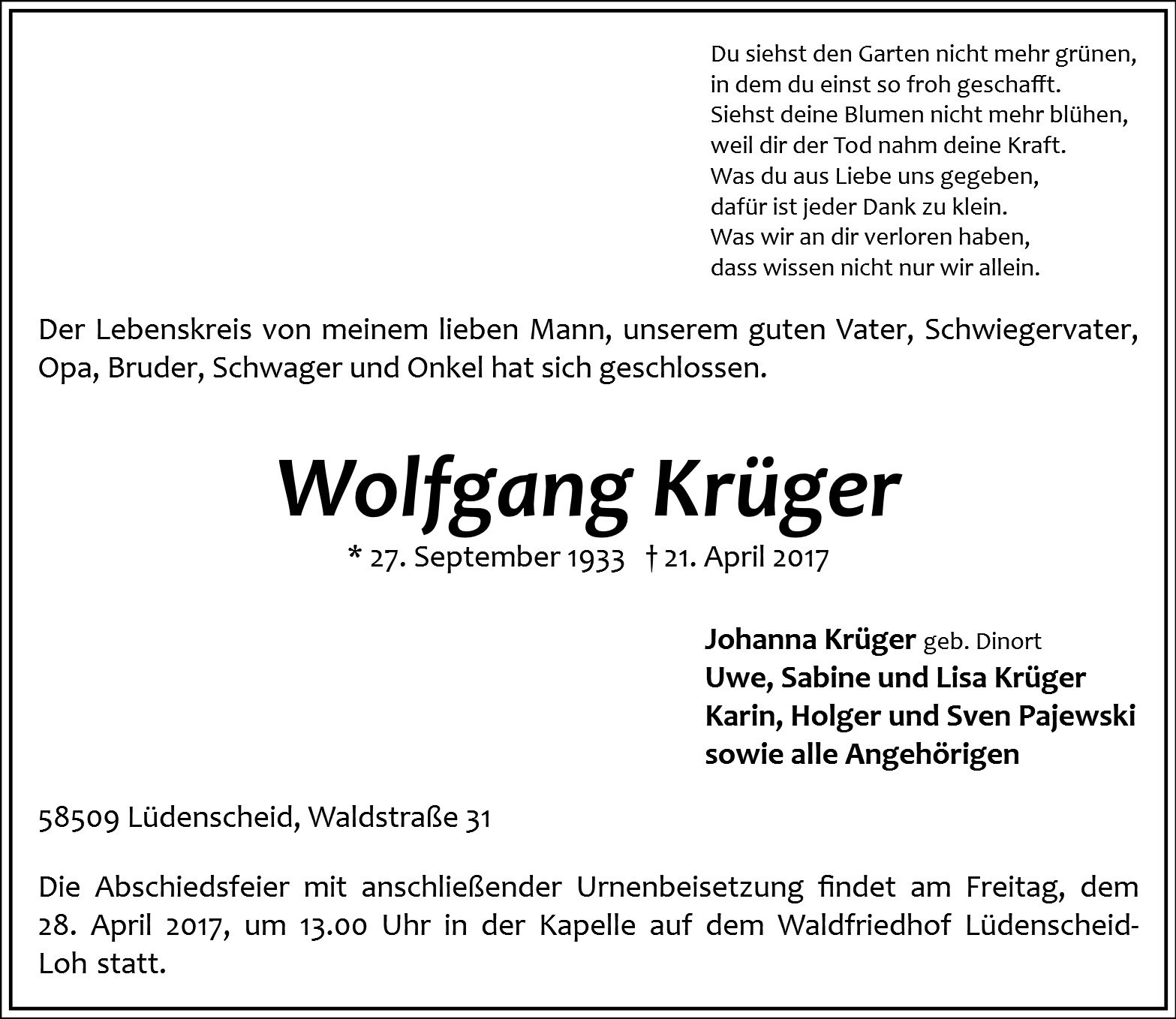 Traueranzeige von Wolfgang Krüger