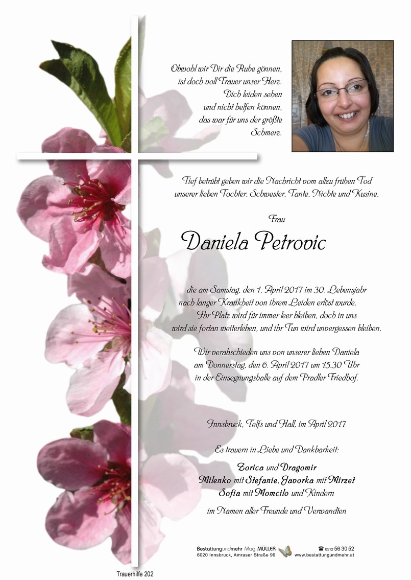 Traueranzeige von Daniela Petrovic