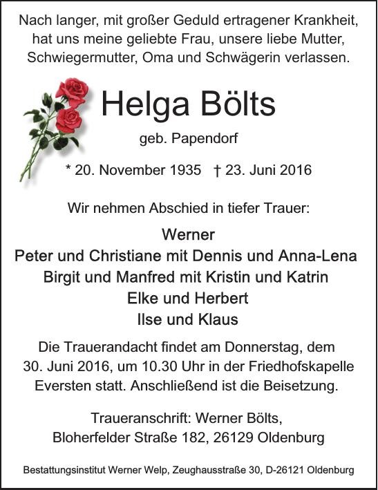 Traueranzeige von Helga Bölts