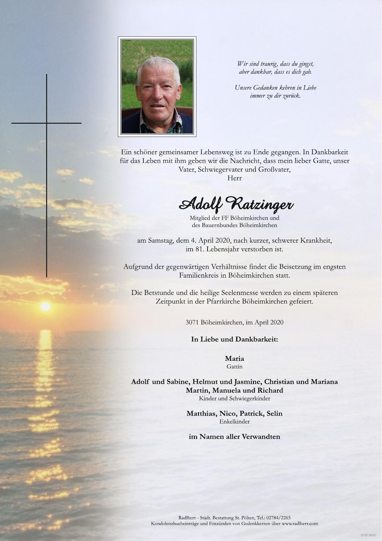 Traueranzeige von Adolf Ratzinger