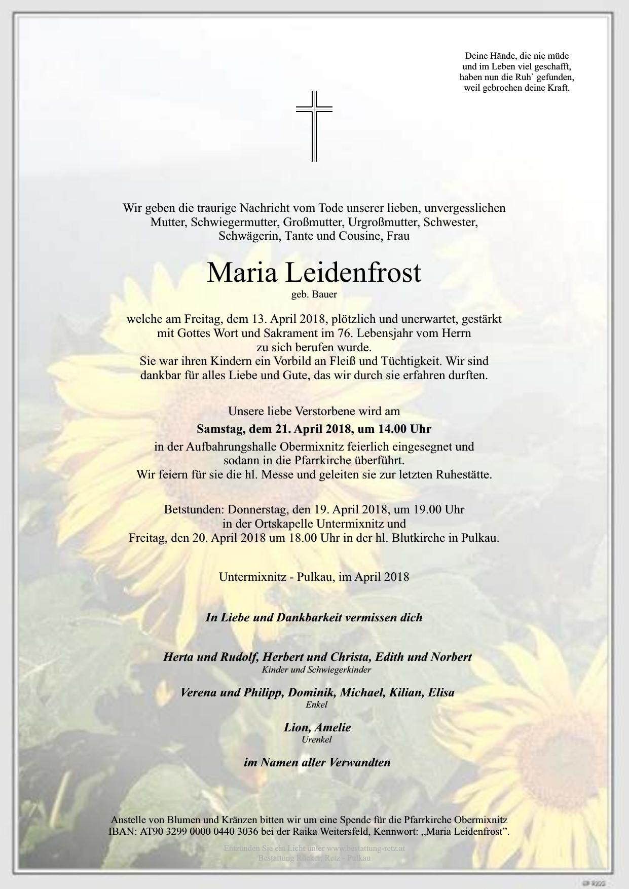 Traueranzeige von Maria Leidenfrost