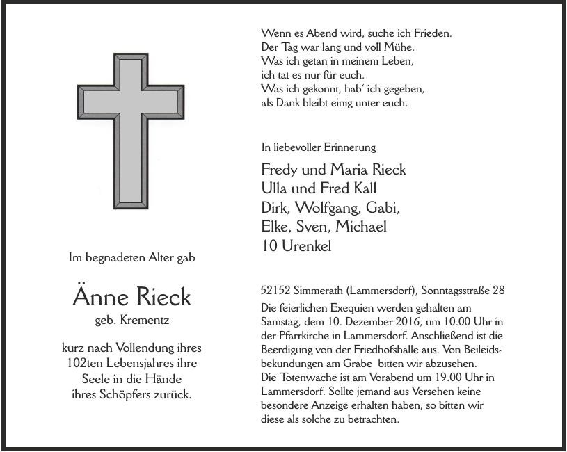 Traueranzeige von Änne Rieck