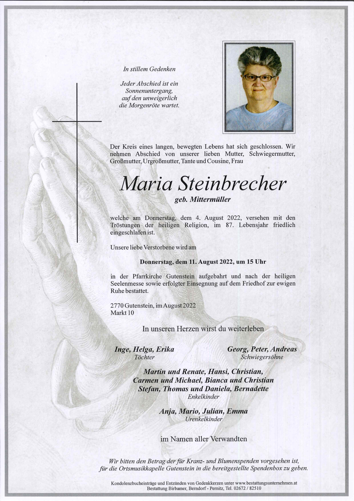 Traueranzeige von Maria Steinbrecher