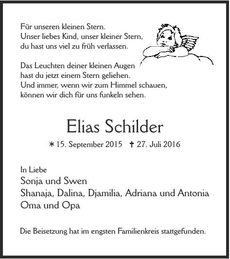 Traueranzeige von Elias Schilder