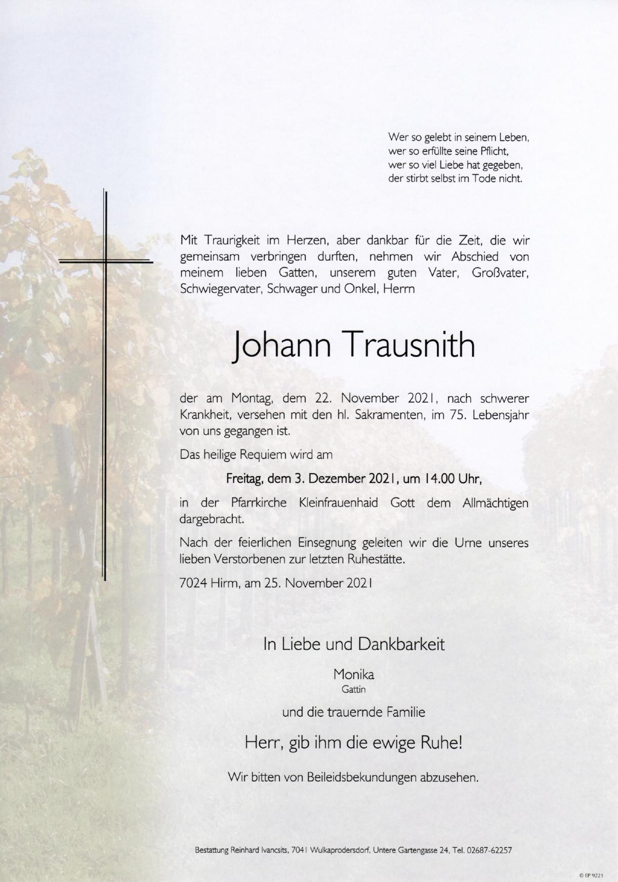 Traueranzeige von Johann Trausnith