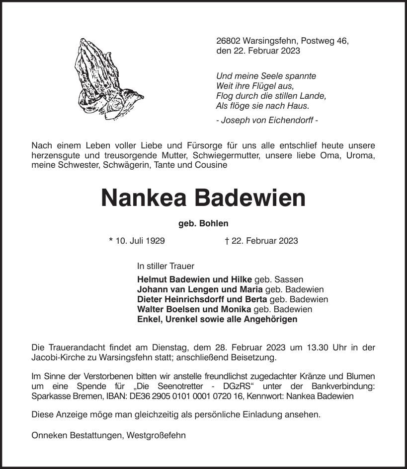 Traueranzeige von Nankea Badewien