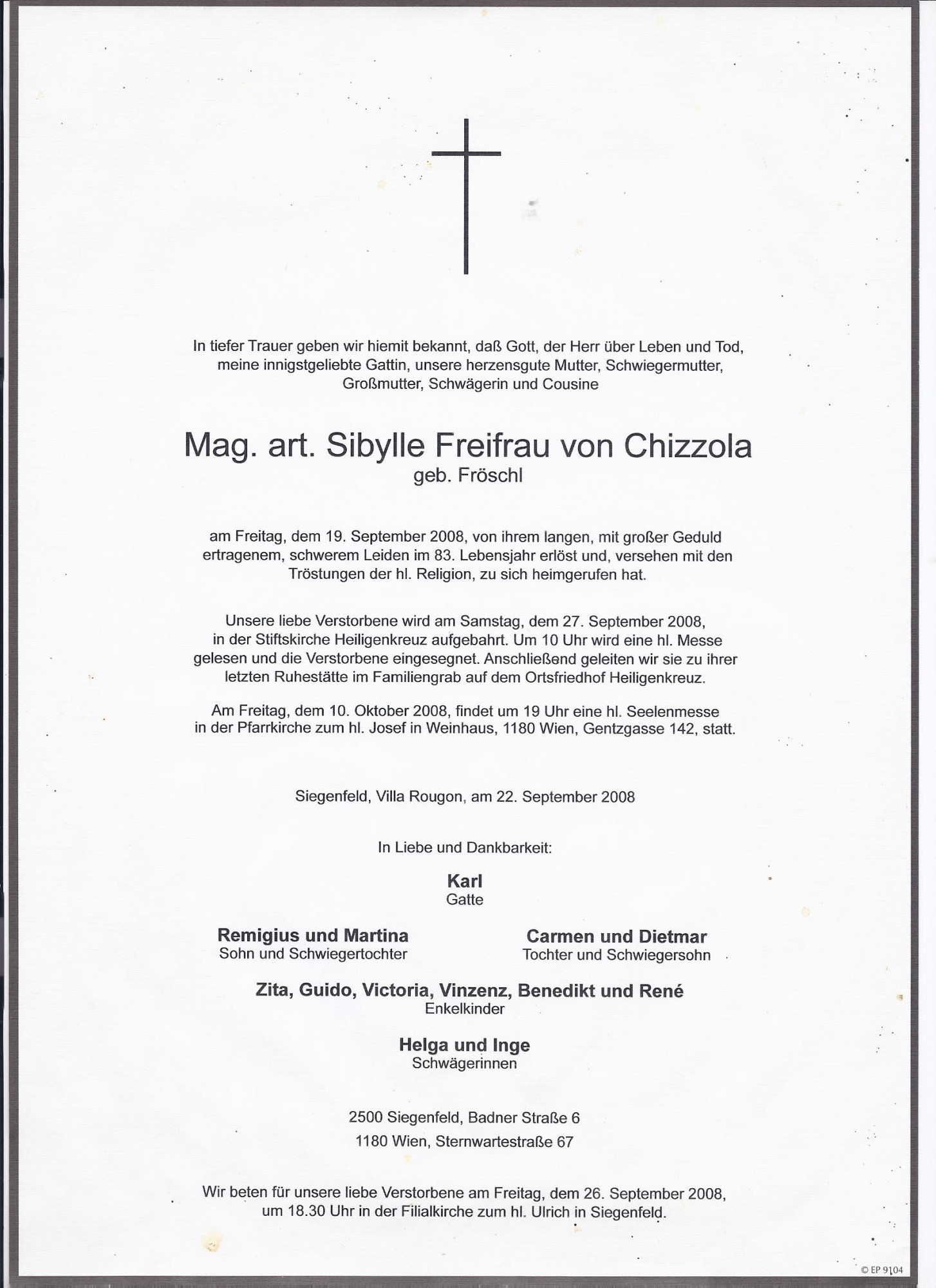 Traueranzeige von Sibylle Freiin von Chizzola