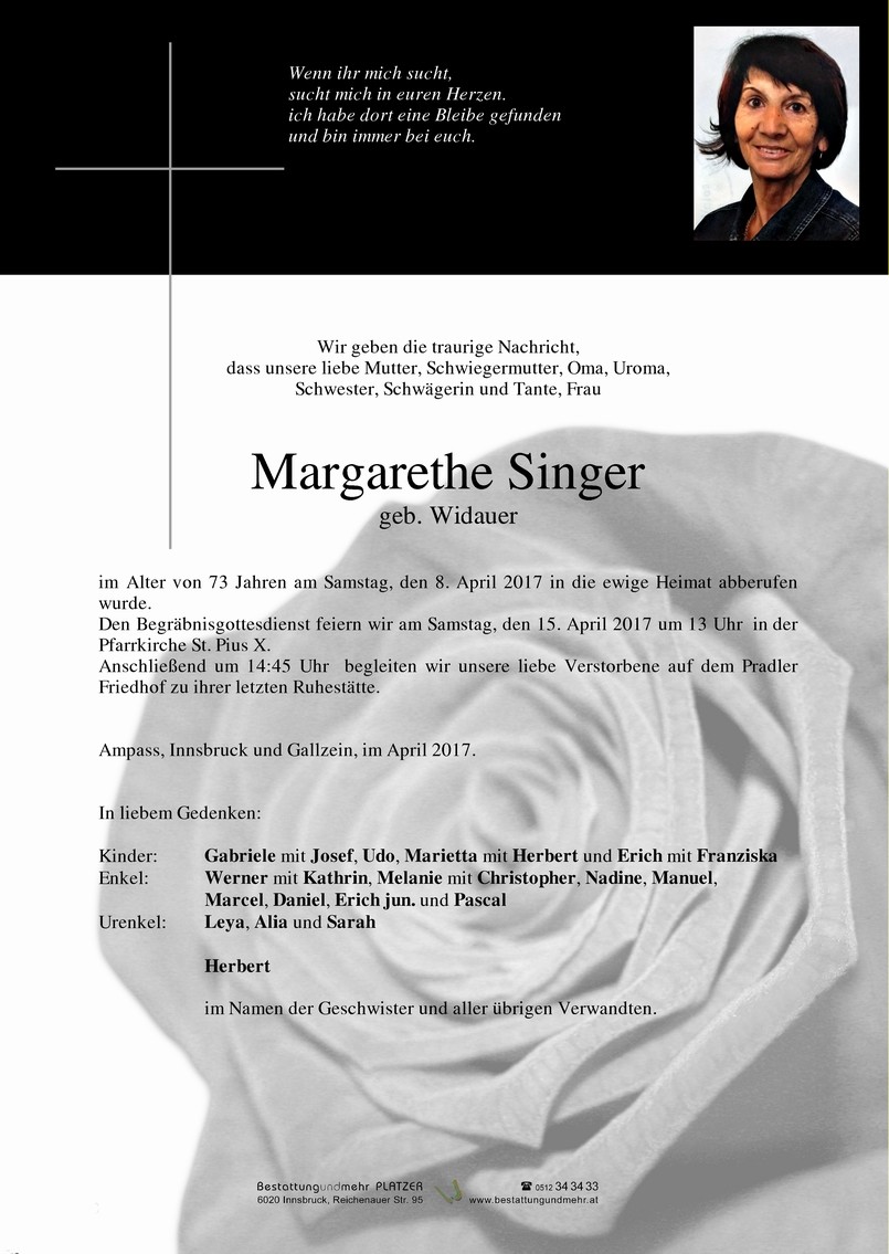 Traueranzeige von Margarethe Singer
