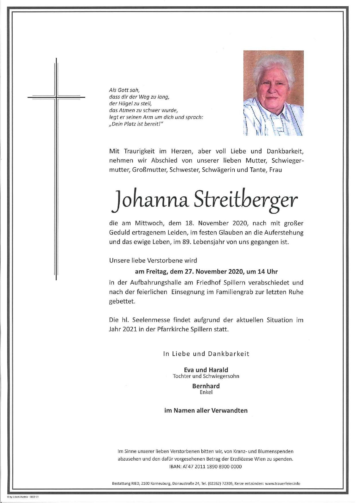 Traueranzeige von Johanna Streitberger