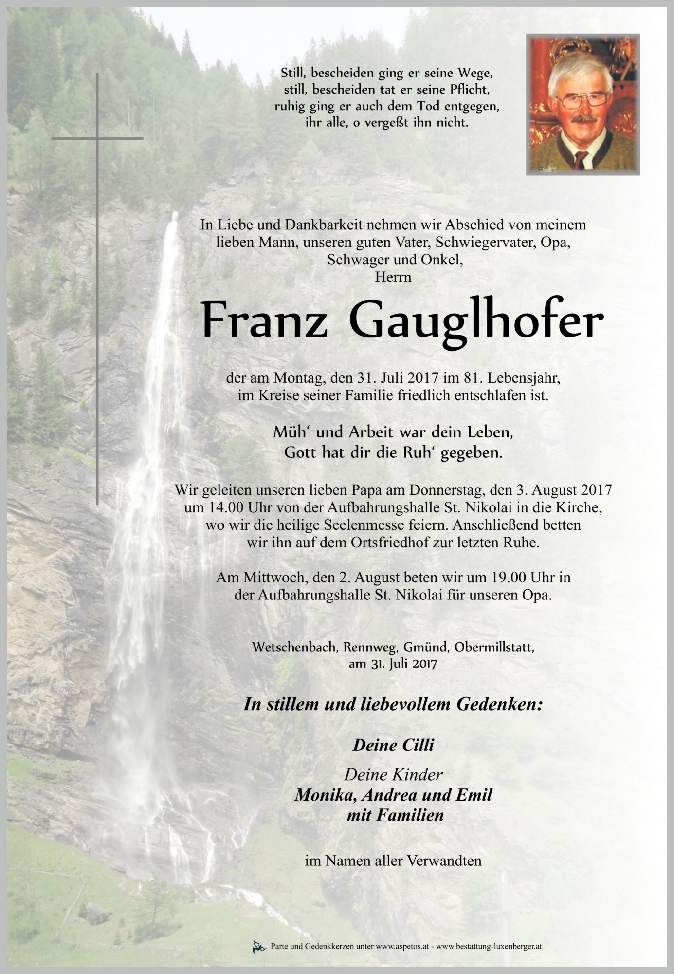 Traueranzeige von Franz Gauglhofer