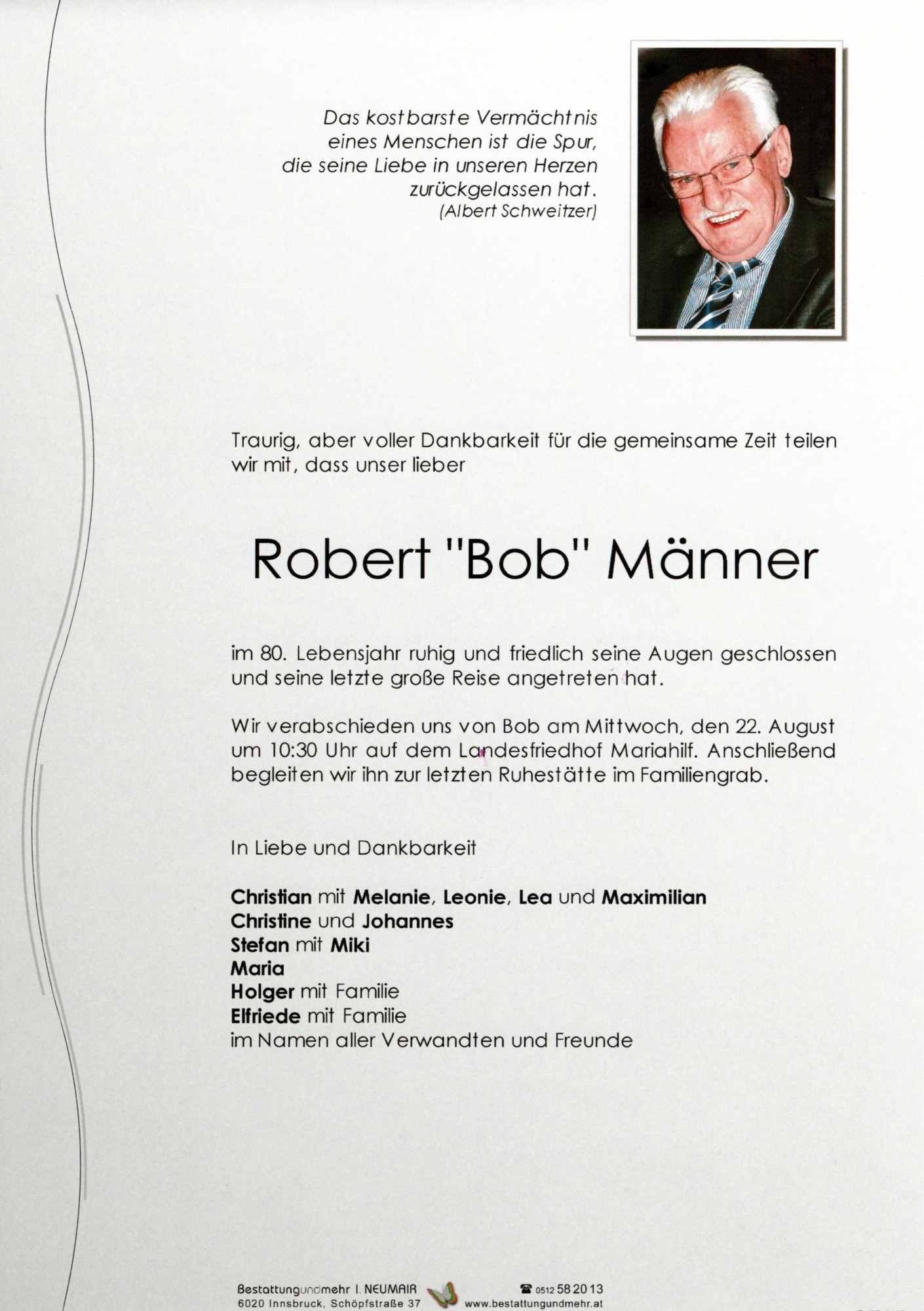 Traueranzeige von Robert "Bob" Männer