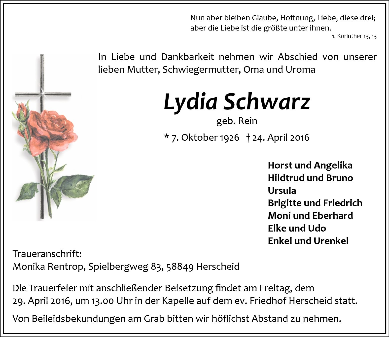 Traueranzeige von Lydia Schwarz
