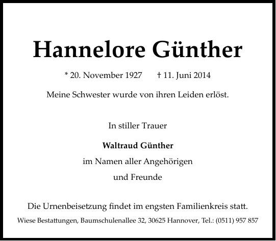 Traueranzeige von Hannelore Günther