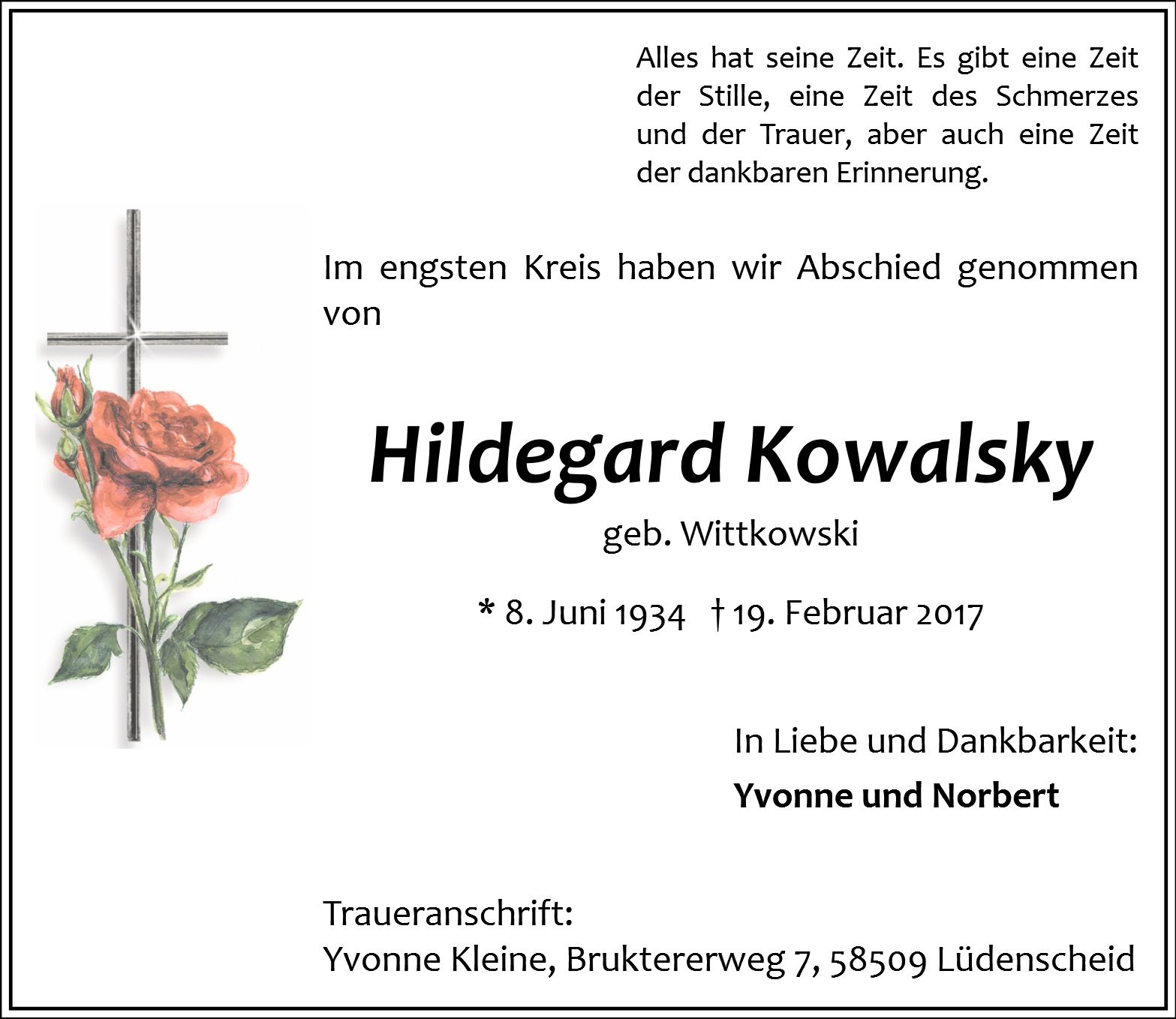 Traueranzeige von Hildegard Kowalsky