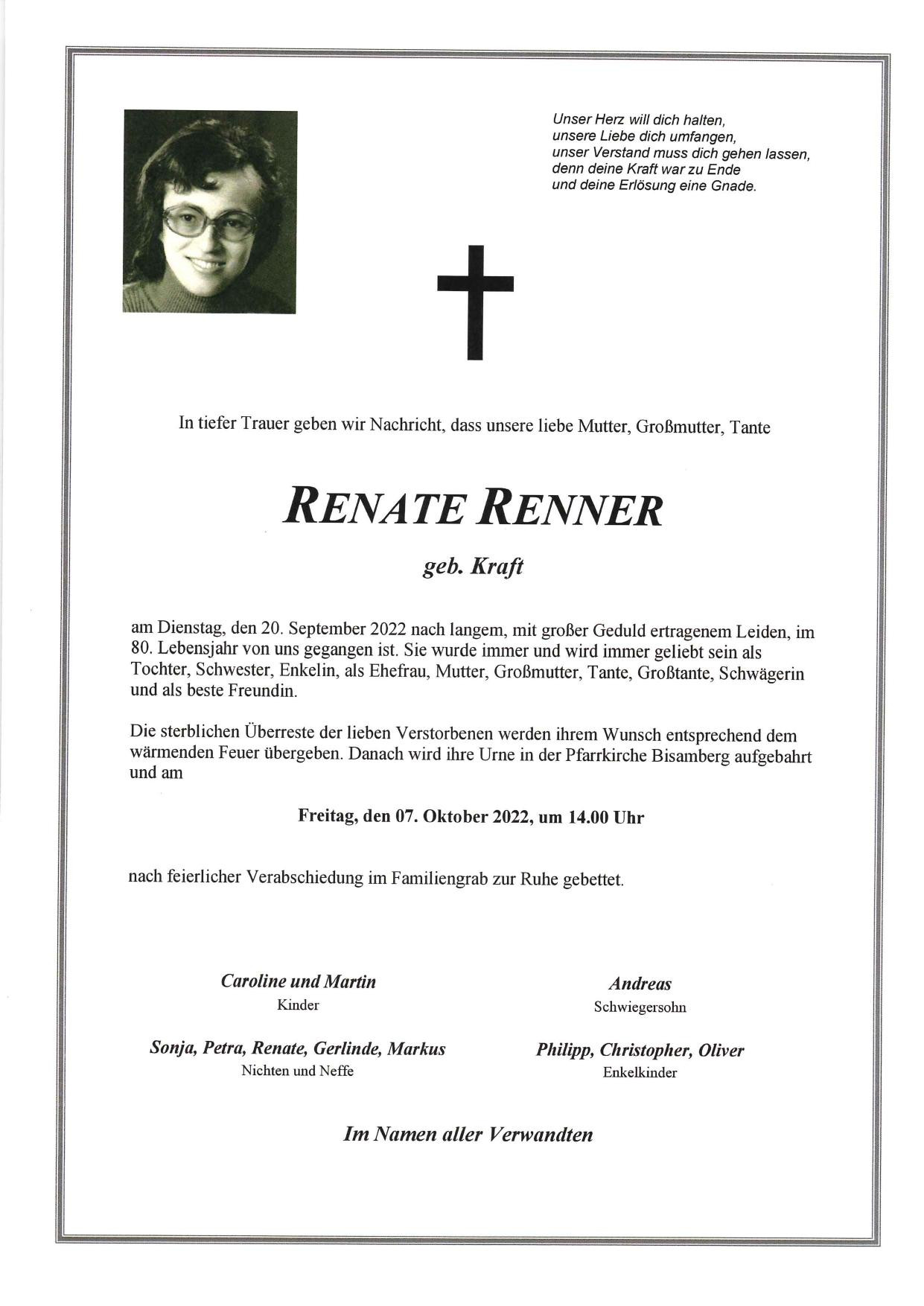 Traueranzeige von Renate Renner