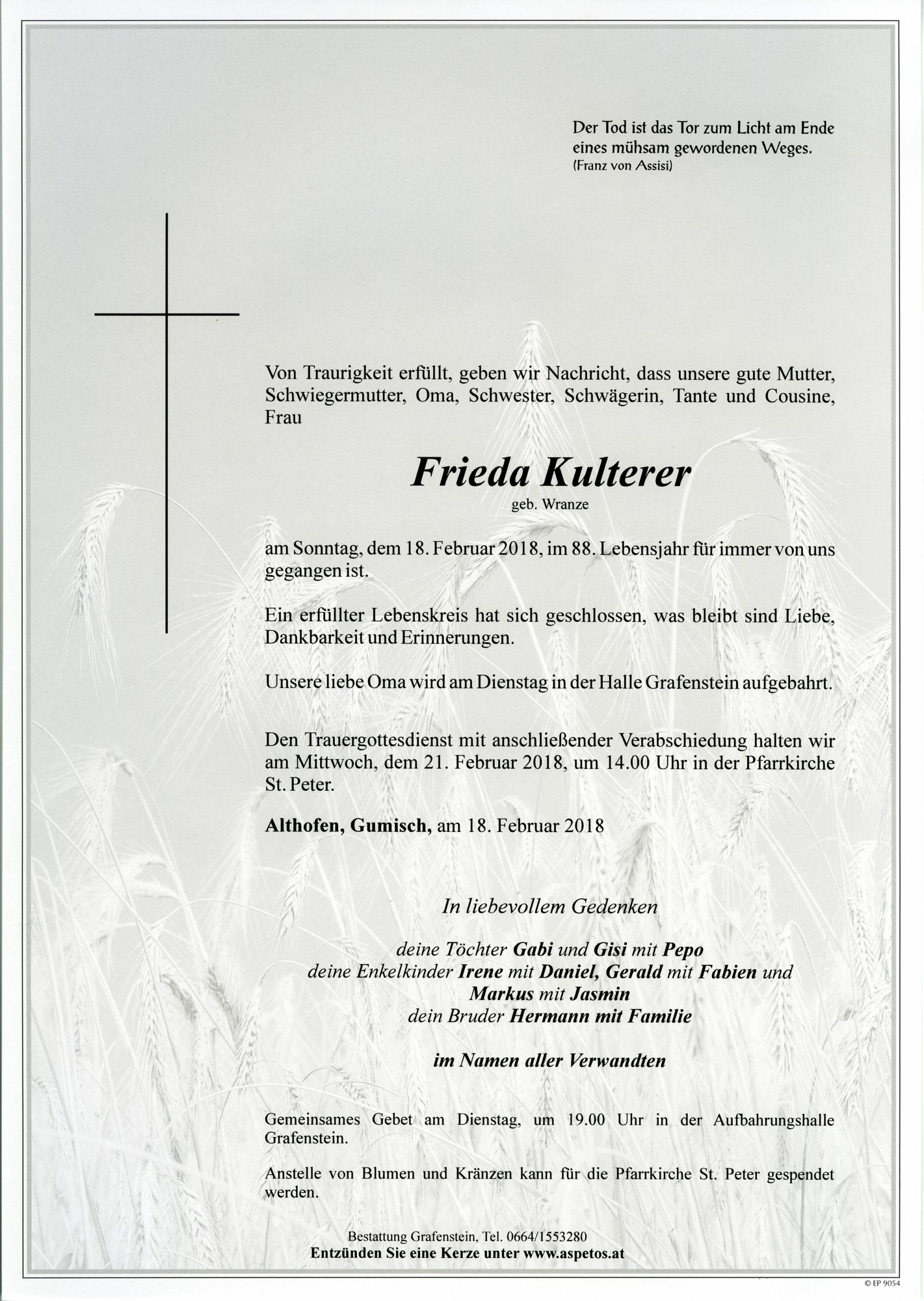 Traueranzeige von Frieda Kulterer