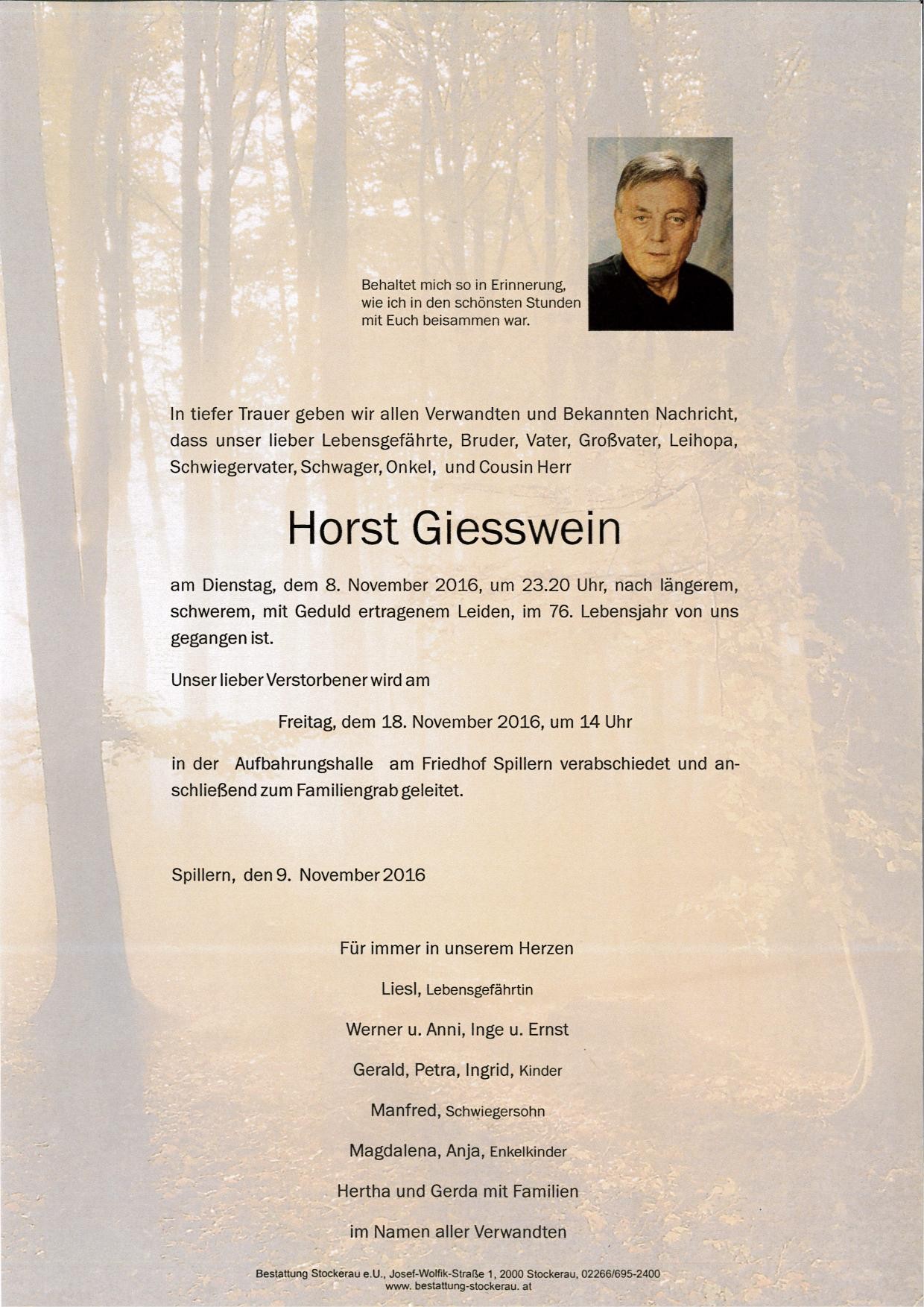 Traueranzeige von Horst Giesswein