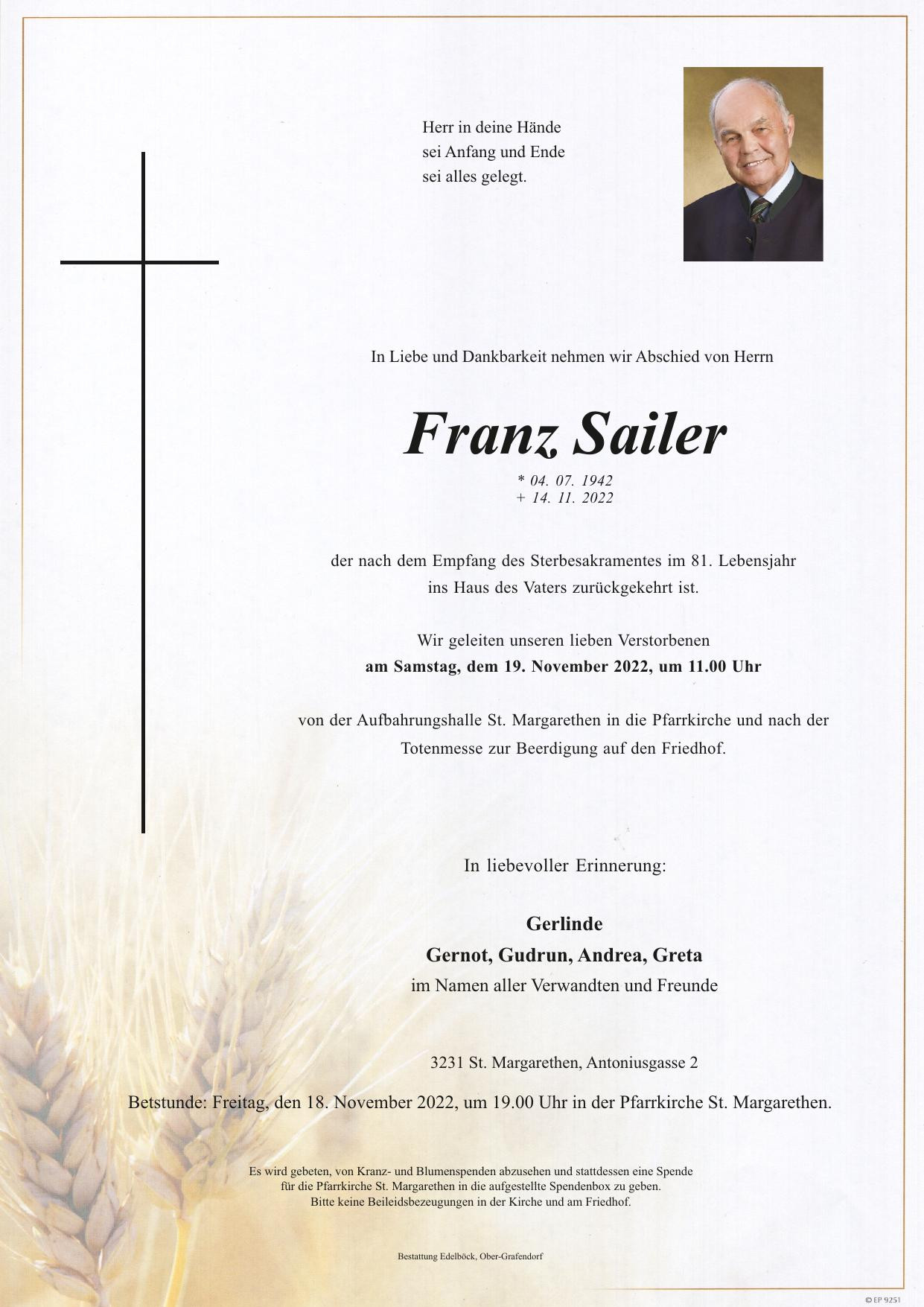 Traueranzeige von Franz Sailer