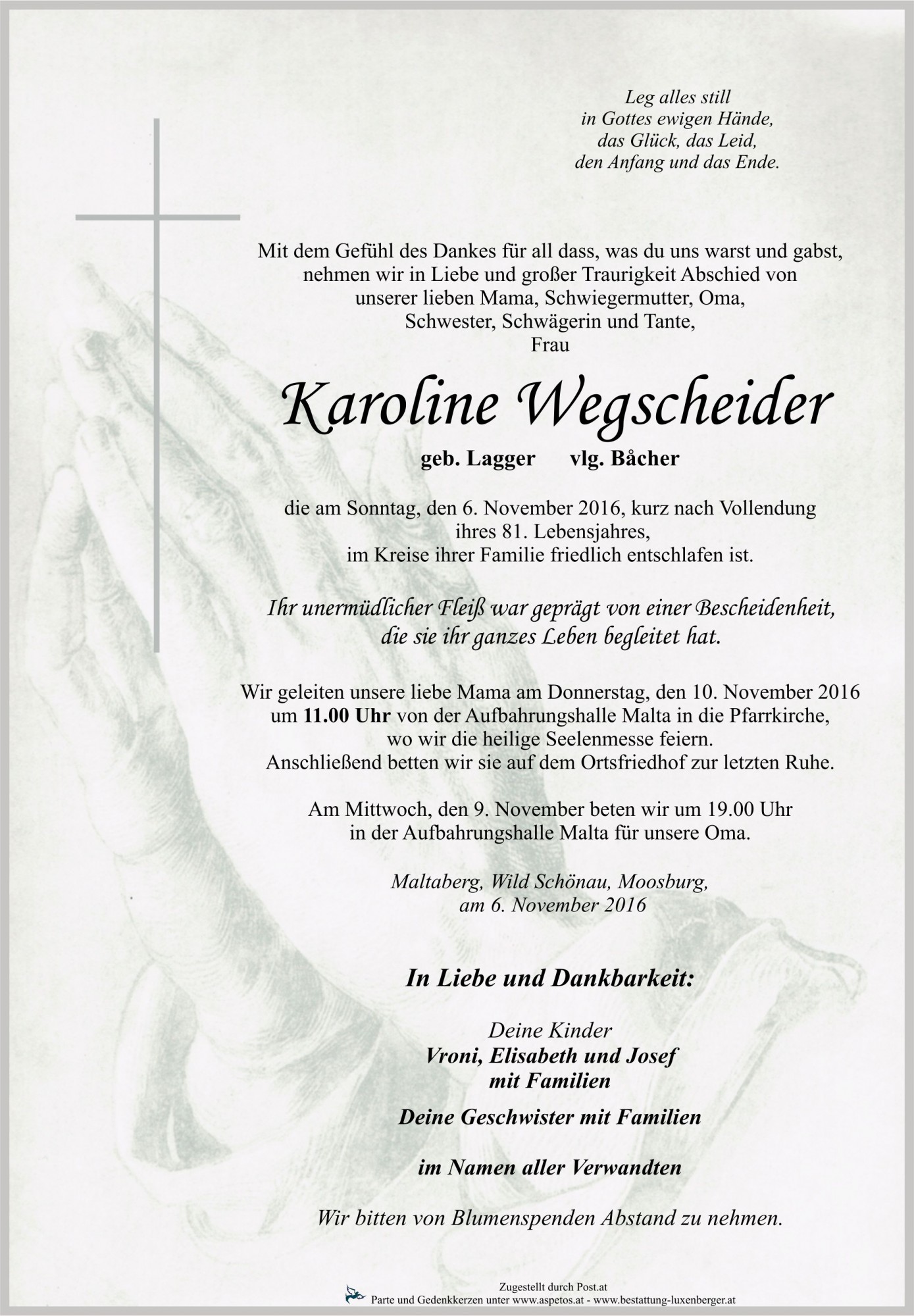 Traueranzeige von Karoline Wegscheider