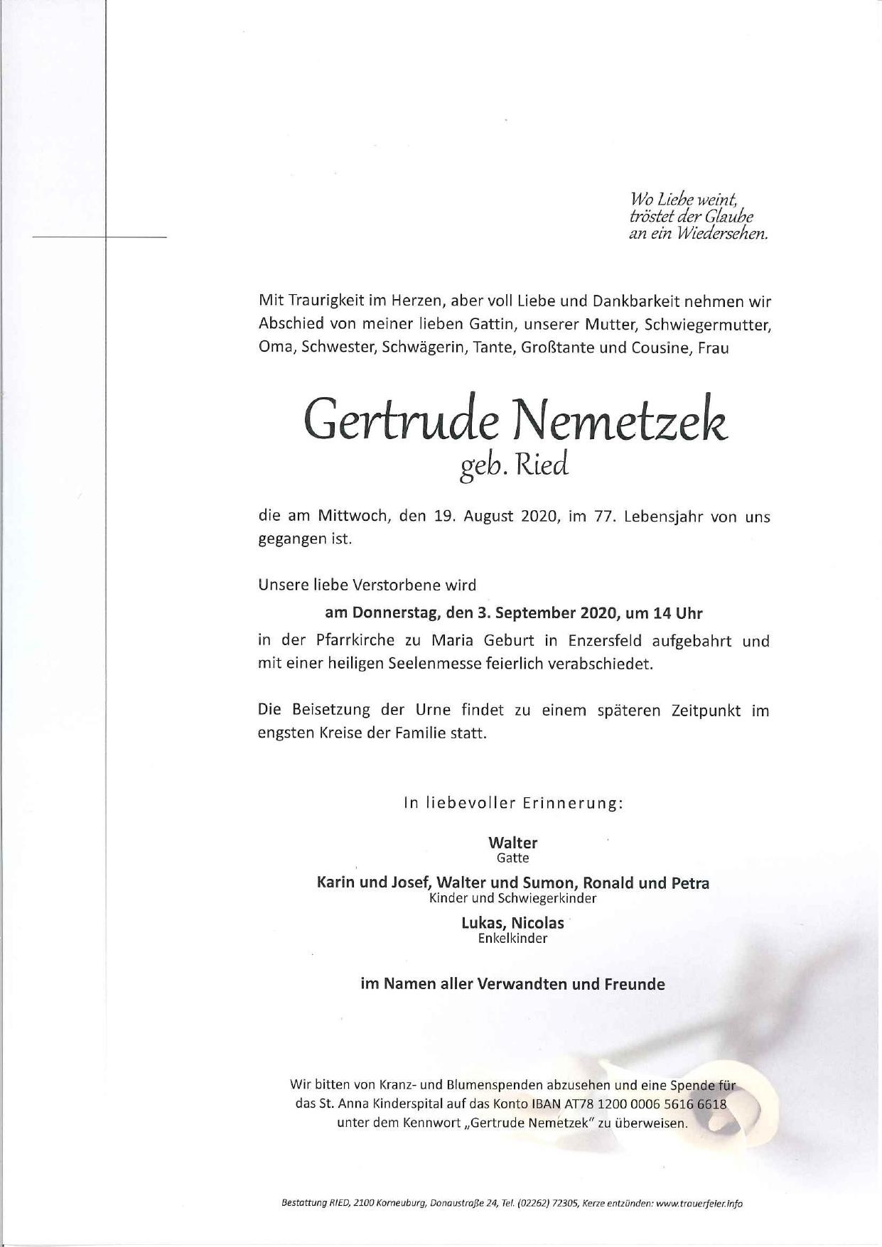 Traueranzeige von Gertrude Nemetzek