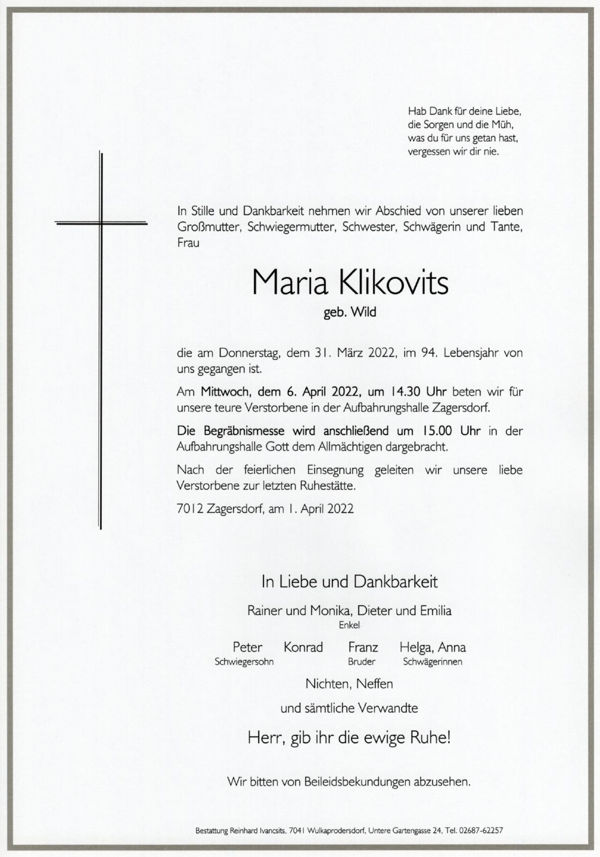 Traueranzeige von Maria Klikovits