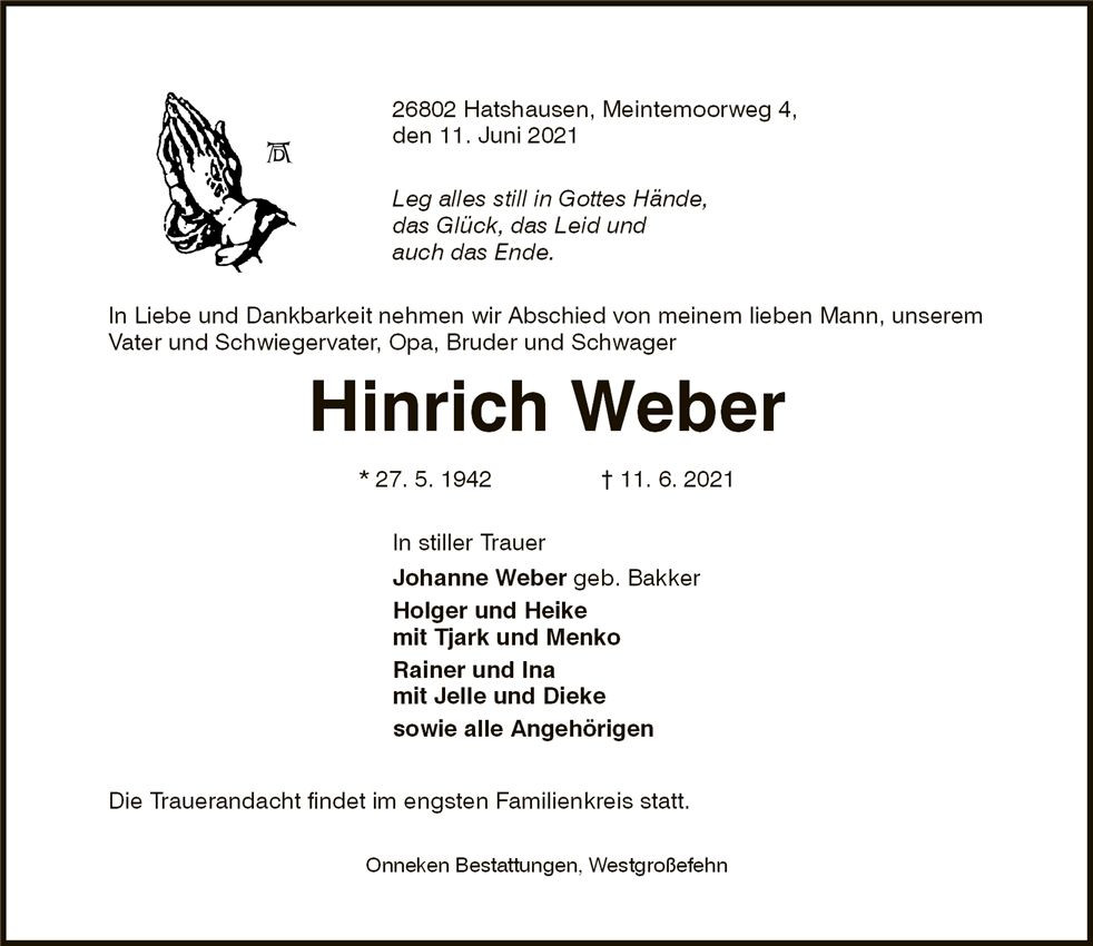 Traueranzeige von Hinrich Weber