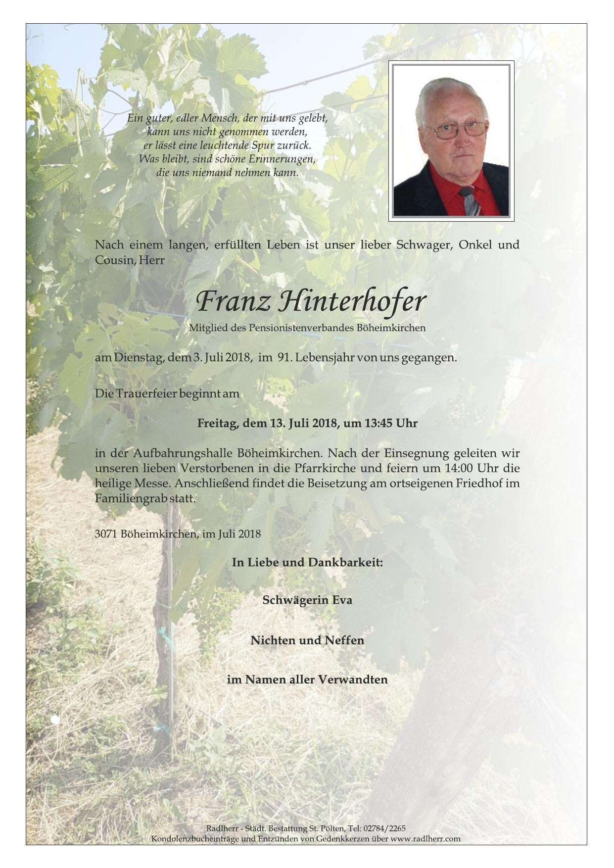 Traueranzeige von Franz Hinterhofer