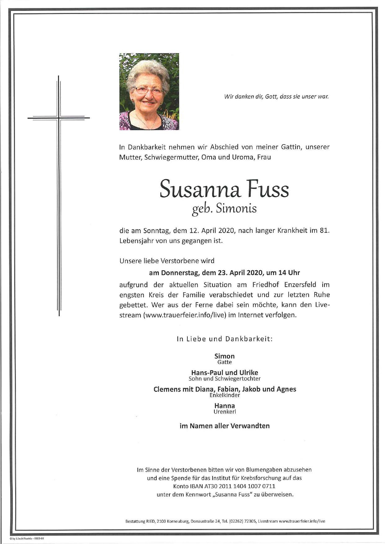Traueranzeige von Susanna Fuss