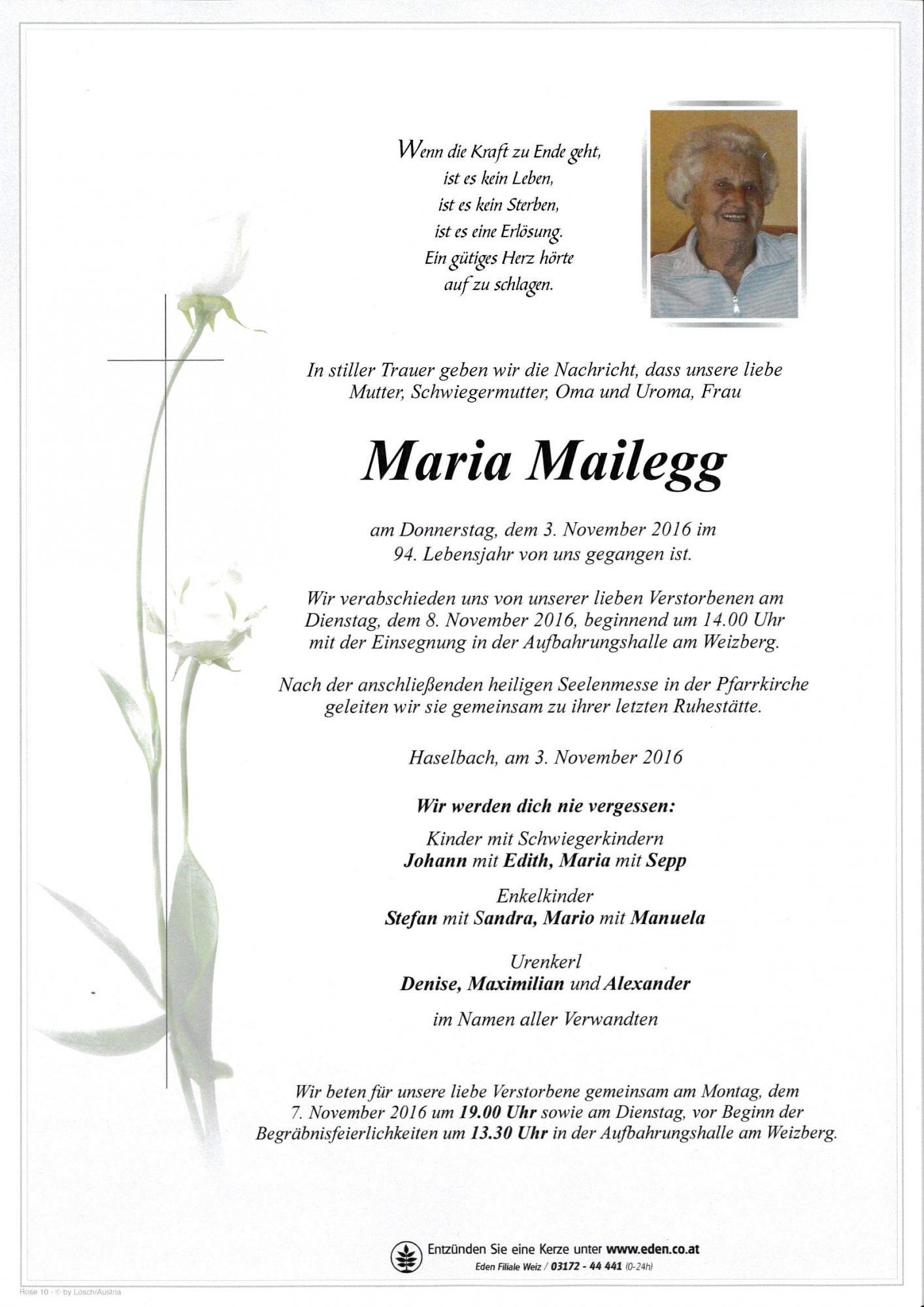 Traueranzeige von Maria Mailegg