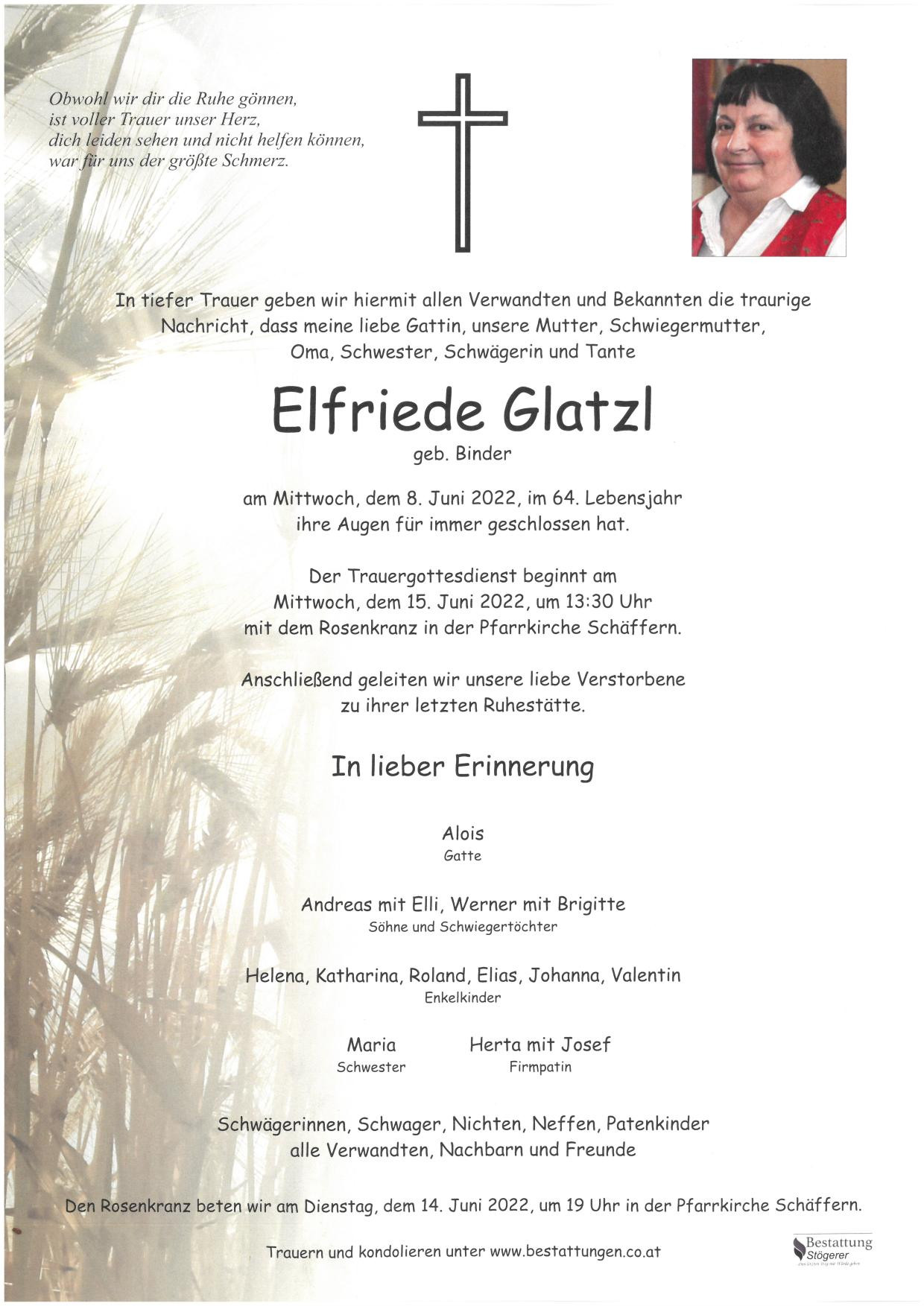 Traueranzeige von Elfriede Glatzl