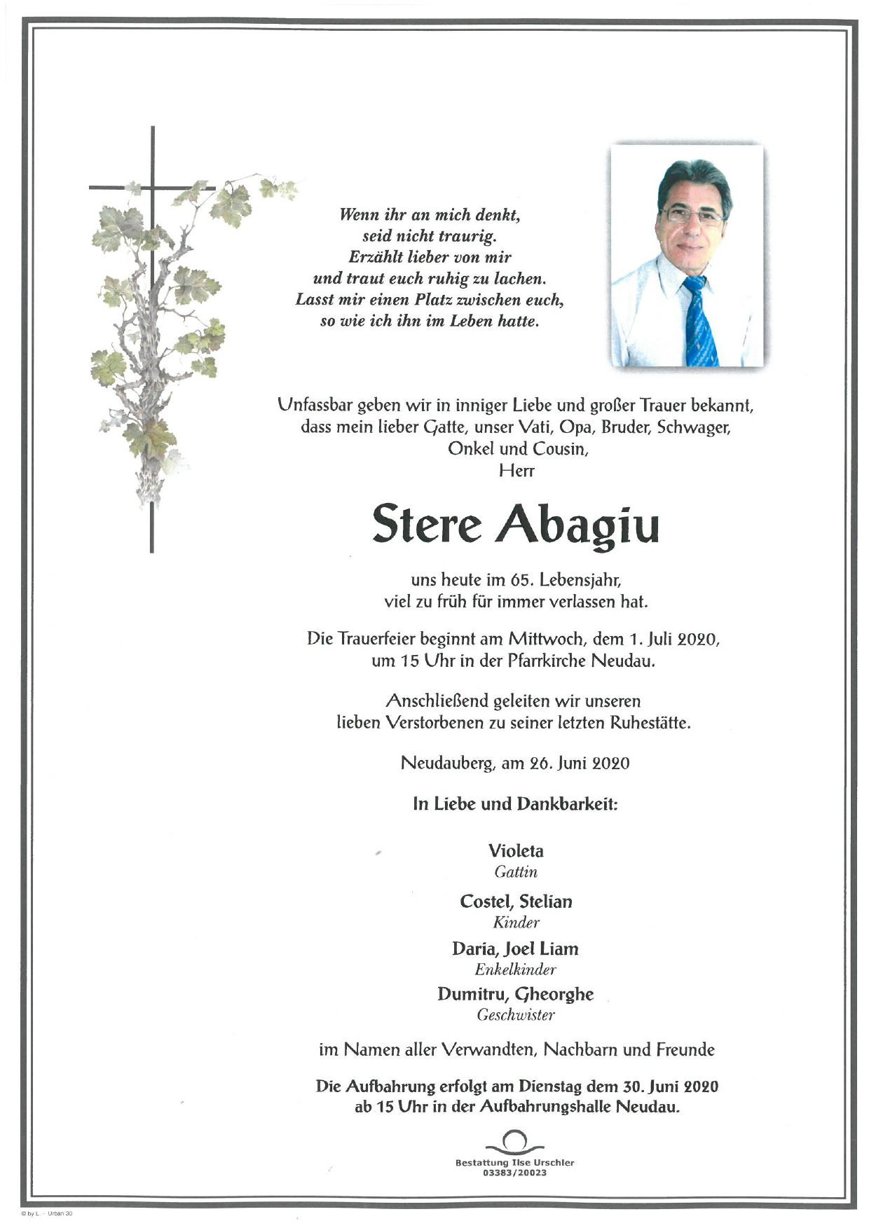 Traueranzeige von Stere Abagiu