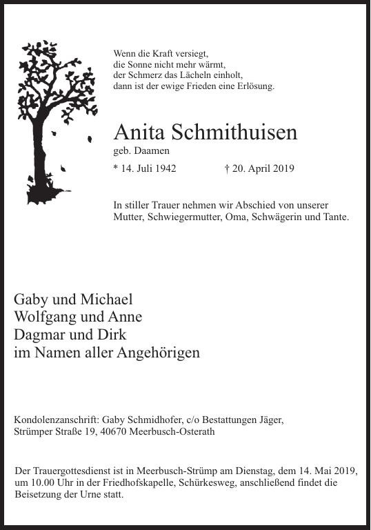Traueranzeige von Anita Schmithuisen