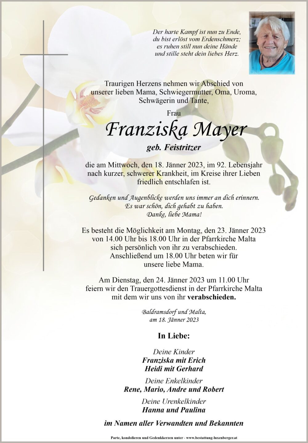 Traueranzeige von Franziska Mayer