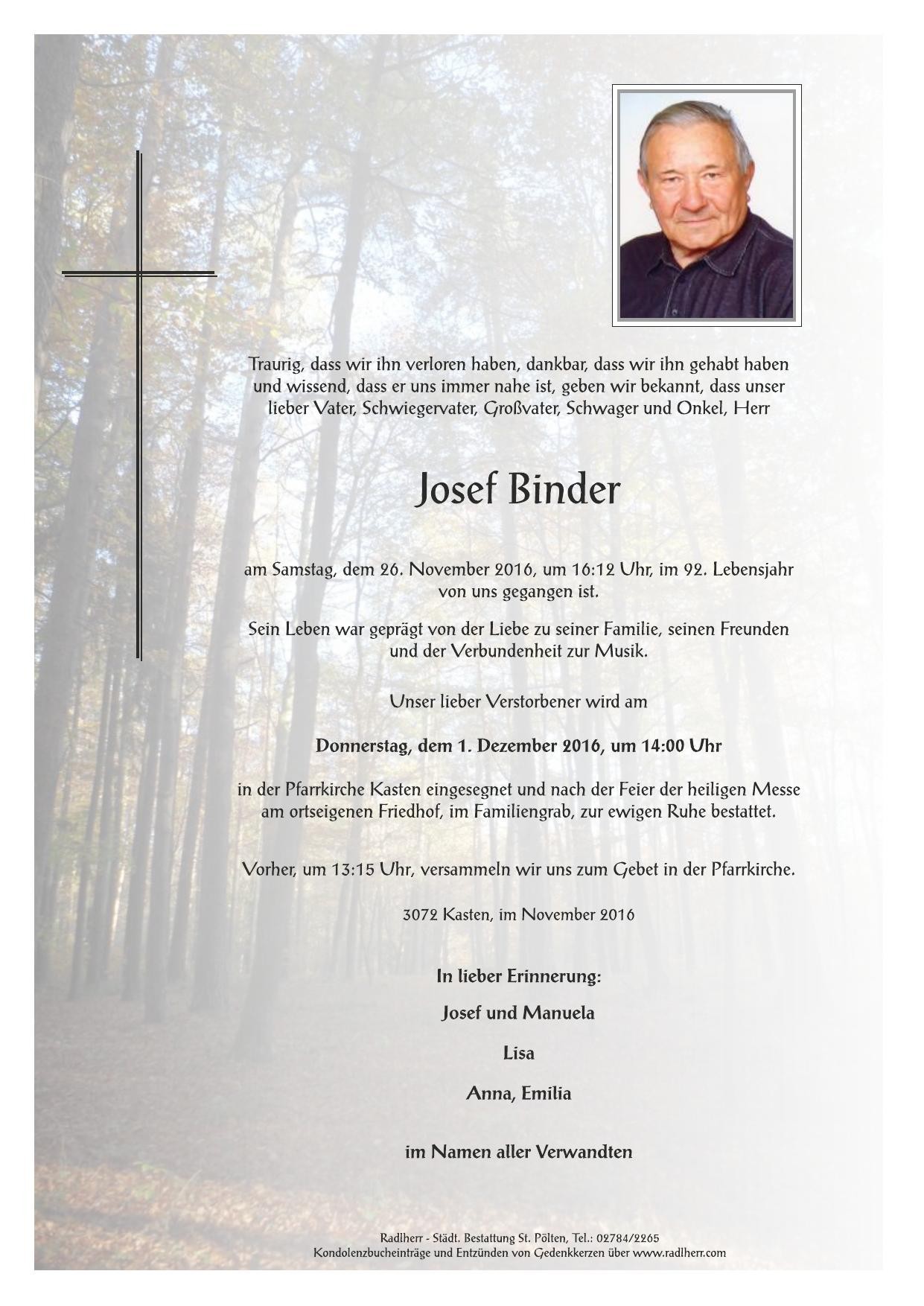 Traueranzeige von Josef Binder
