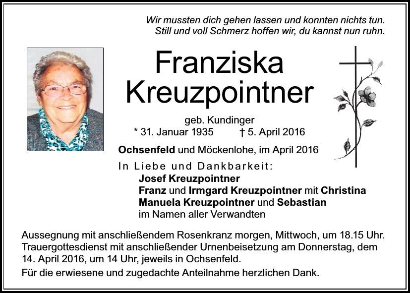 Traueranzeige von Franziska Kreuzpointner