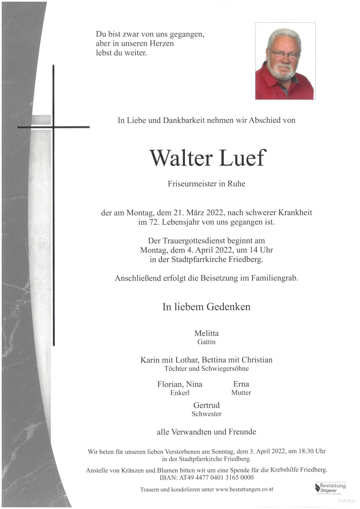 Traueranzeige von Walter Luef